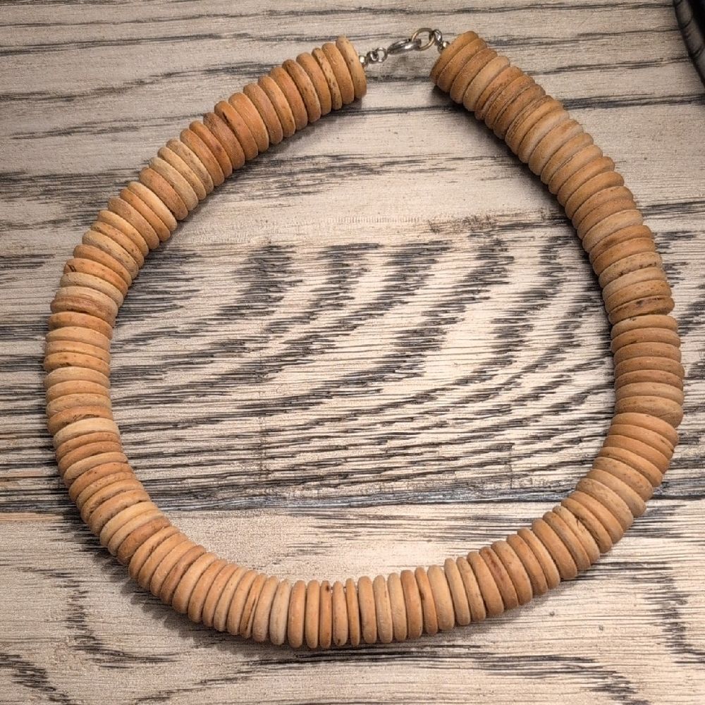 Natural Wooden Disc Chunky 16" Necklace Vintage Trendy